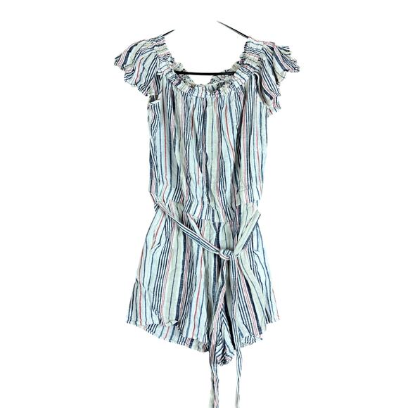 LOFT Beach Womens Romper Tan Multi Striped Linen Blend Smock Neck Flutter M - Picture 1 of 12
